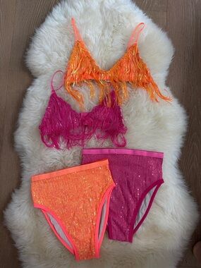 Sequin Fringe Bralette & High-Waist Briefs Set - Pink & Orange